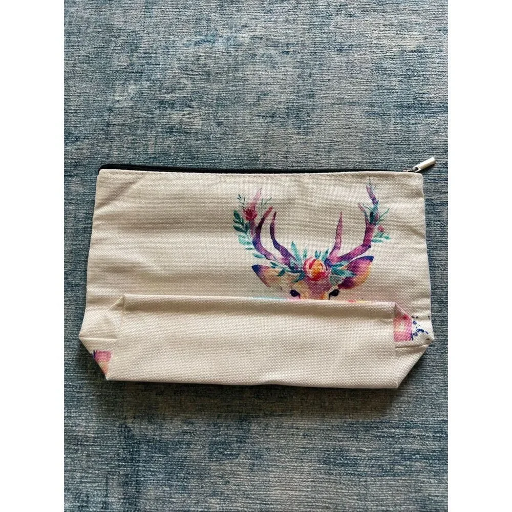 Watercolor Flower Buck Deer Cotton Canvas Small Makeup Bag Travel Toiletry Pouch